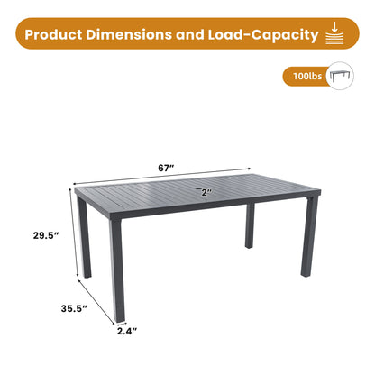 Modern Rectangular Outdoor Patio Dining Table With Post Leg Design, Rust Free &amp; Weather Resistant, Adjustable Foot Pads, Umbrella Hole With Matching Cover - Ember Black