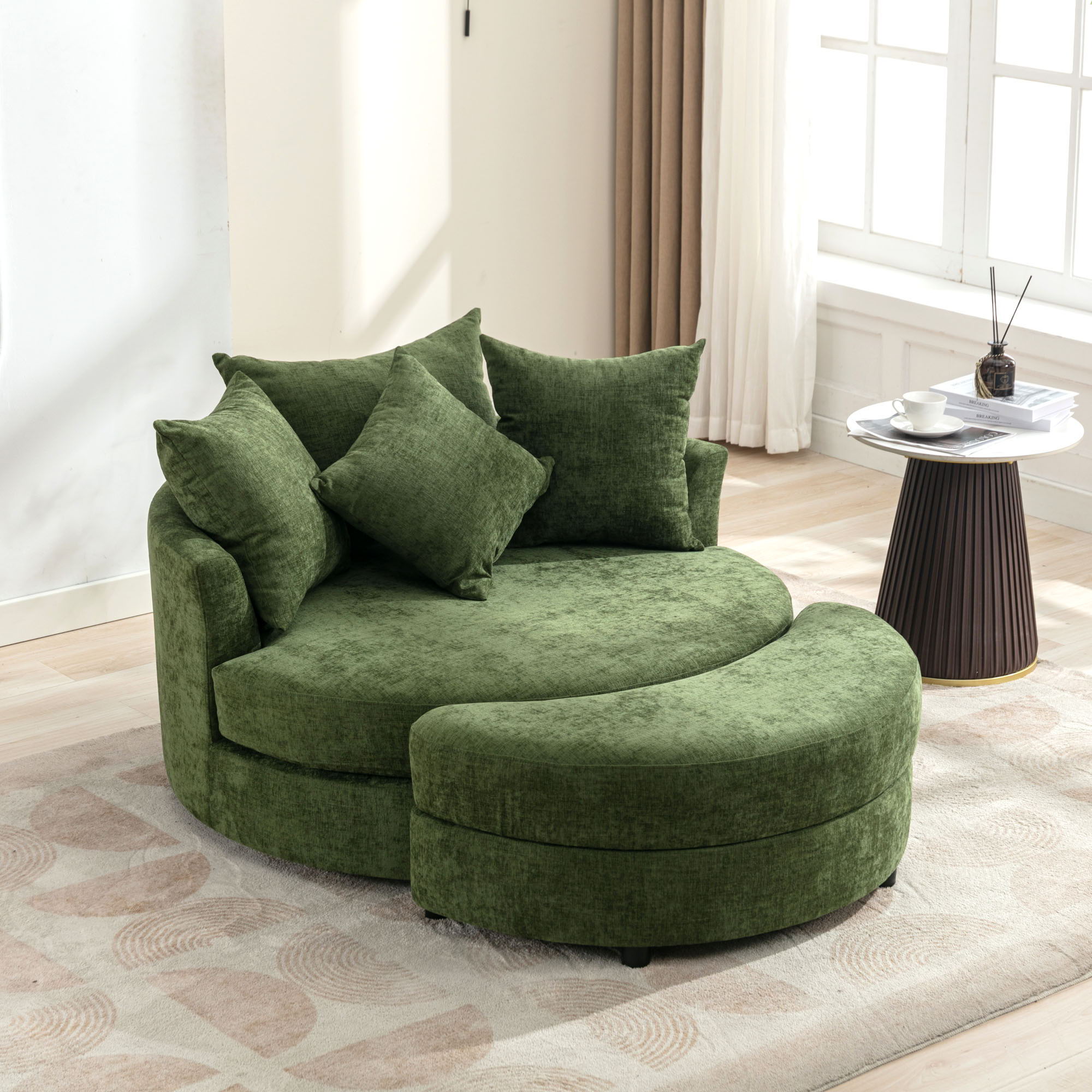360° Swivel Accent Barrel Chair With Storage Ottoman &amp; 4 Pillows, Modern Chenille Leisure Chair Round Accent For Living Room
