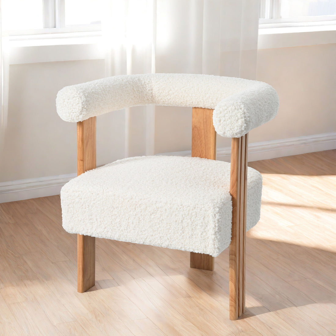 Mid-Century Modern Barrel Accent Chair, Upholstered Kitchen &amp; Dining Room Chairs With Arms, Teddy Velvet Boucle Accent Chairs Side Chairs For Kitchen Living Room Bedroom - White