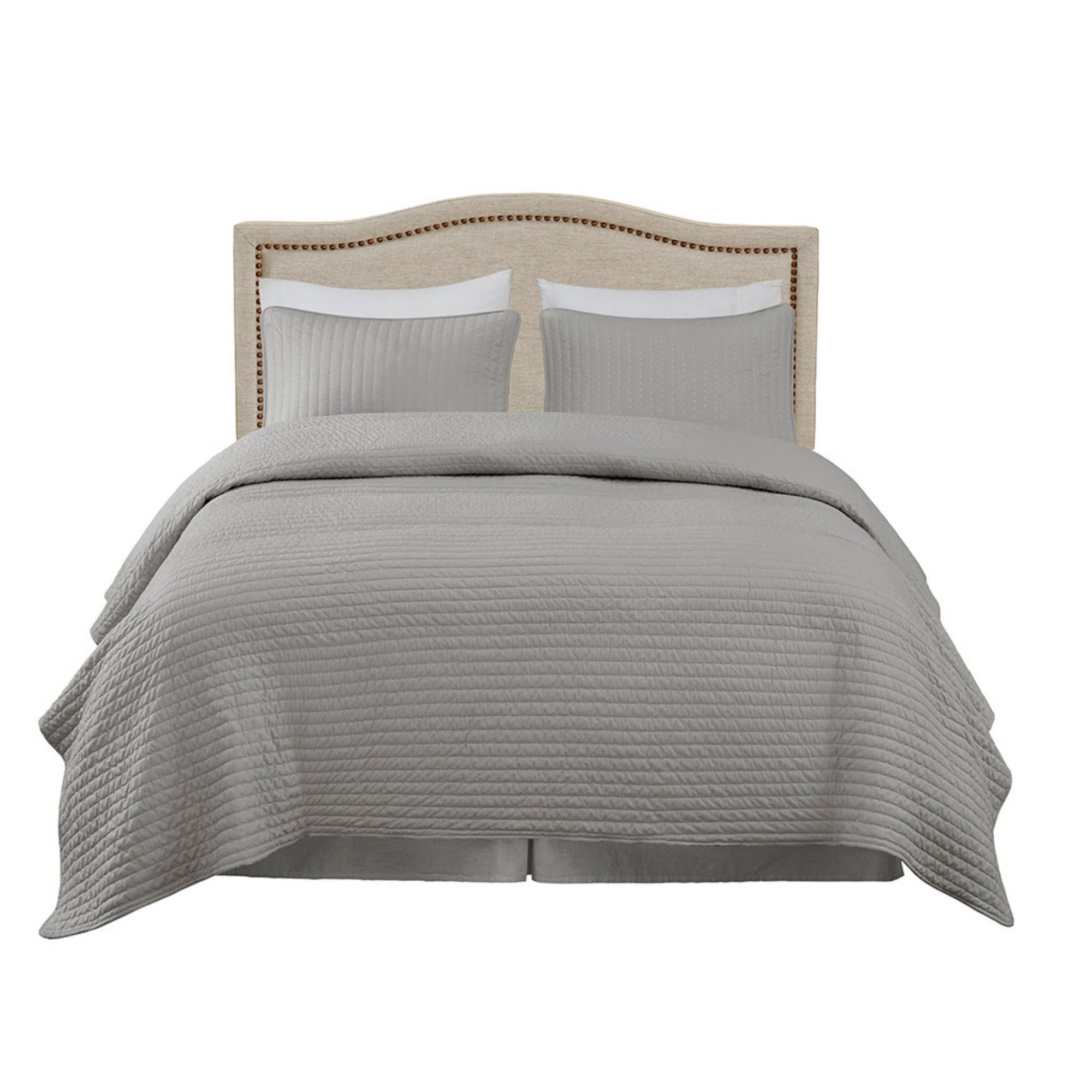 Upholstered Panel Headboard With Copper Nailheads And Adjustable Metal Legs