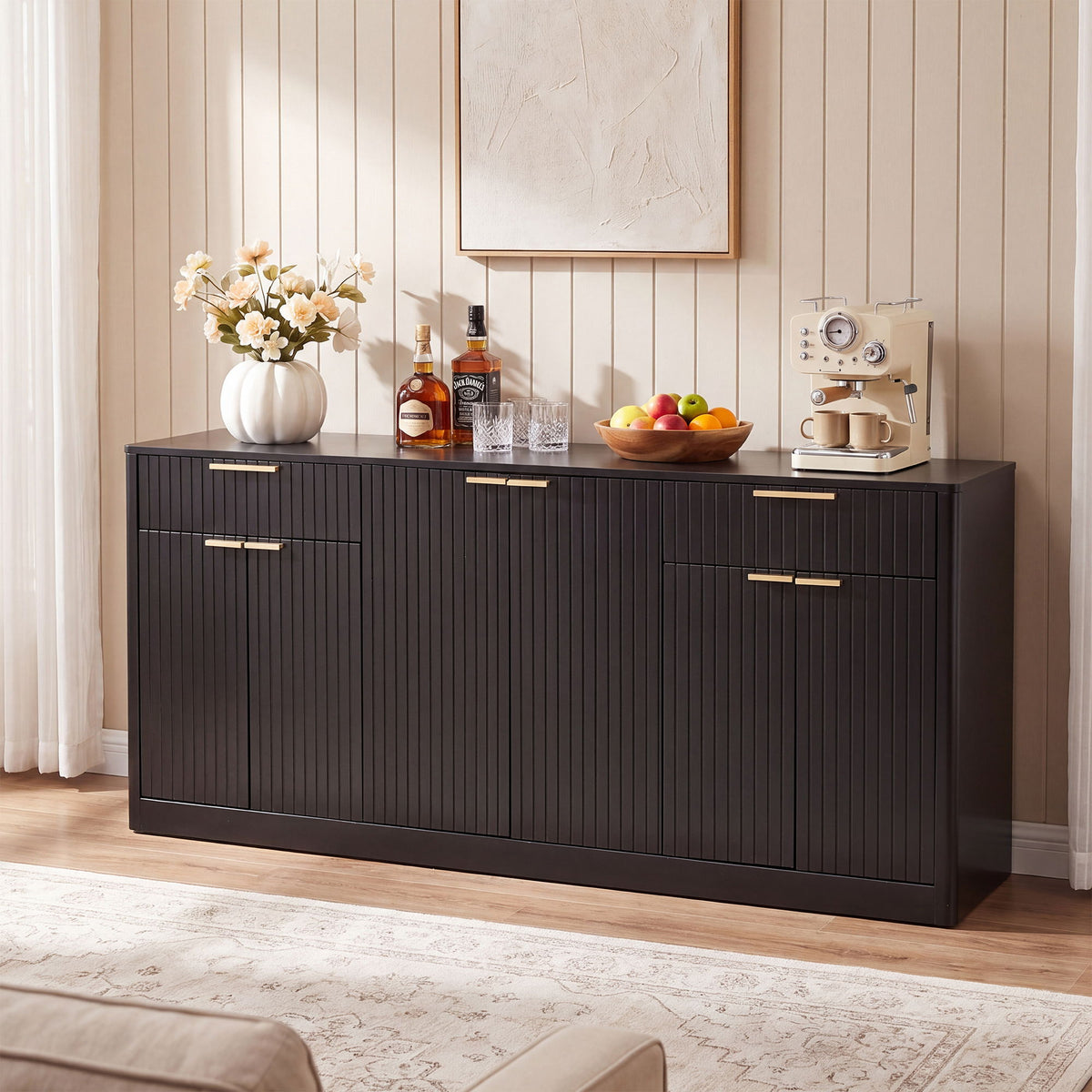 Large Fluted Buffet Sideboard, Wine Bar Storage Cabinet With 6 Doors &amp; 2 Drawers