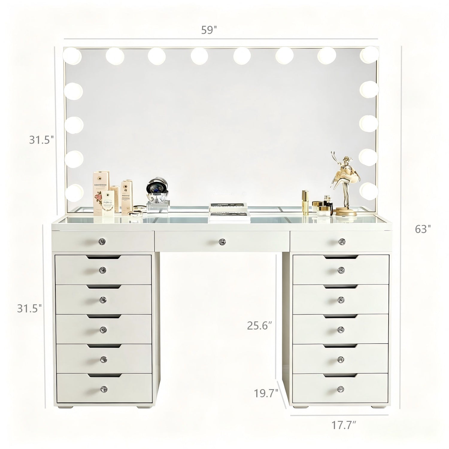 LED Lighted Makeup Vanity Desk With 16 Bulbs Mirror, 13 Drawers Dressing Table For Bedroom - Gloss White