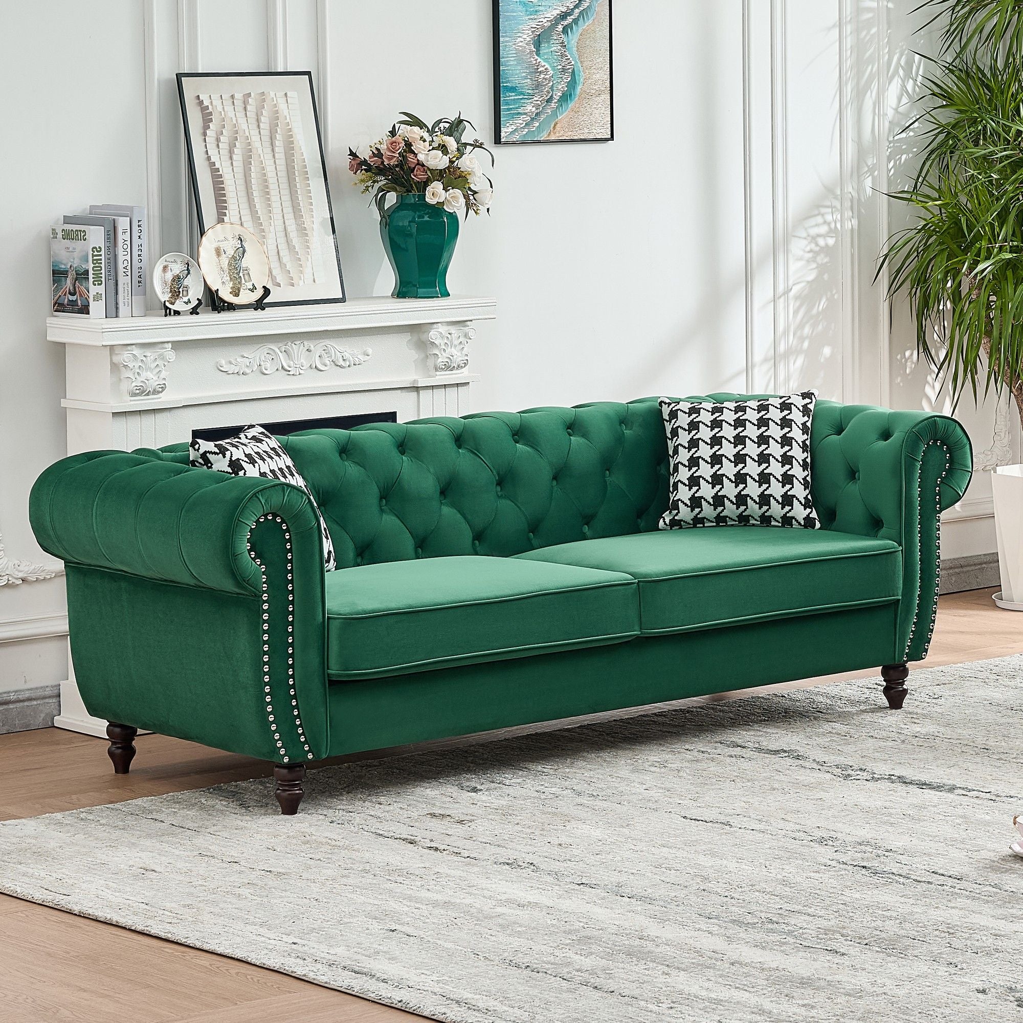 Mid Century Chesterfield Velvet Fabric Sofa With Roll Armrest &amp; Nailhead, Green, 87 Inches