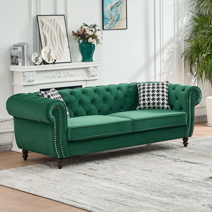 Mid Century Chesterfield Velvet Fabric Sofa With Roll Armrest &amp; Nailhead, Green, 87 Inches