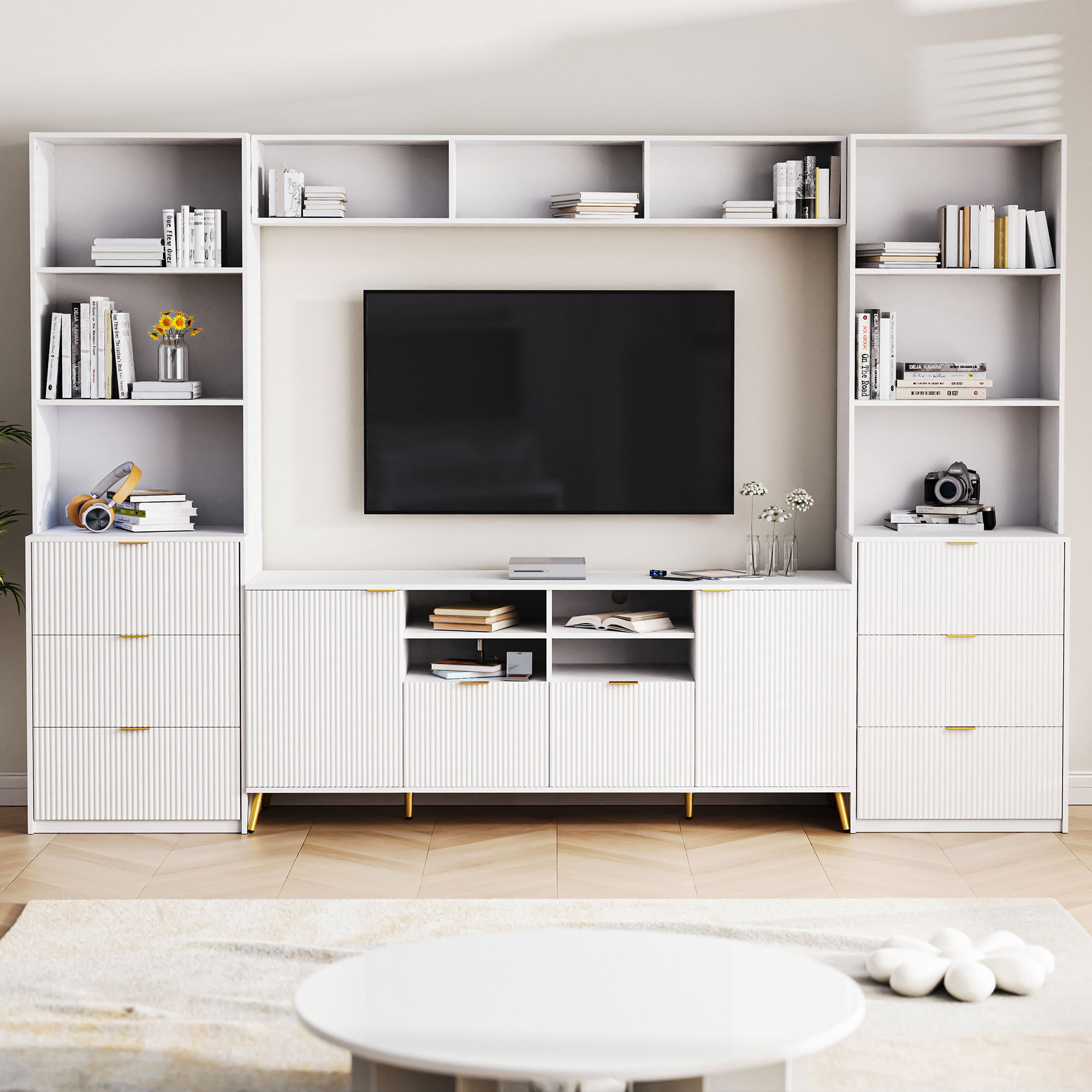4 Piece Entertainment Wall Unit With 13 Shelves, 8 Drawers And 2 Cabinets, Multifunctional TV Stand Media Storage Cabinet With Fluted Line Surface For Living Room, For TVs Up To 70&quot;