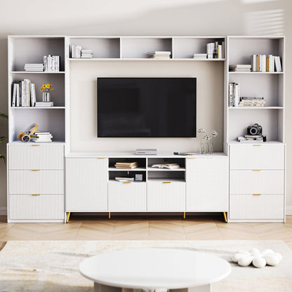 4 Piece Entertainment Wall Unit With 13 Shelves, 8 Drawers And 2 Cabinets, Multifunctional TV Stand Media Storage Cabinet With Fluted Line Surface For Living Room, For TVs Up To 70&quot;