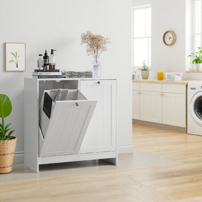 Tilted Laundry Hamper With Removable Basket, Hidden Storage Cabinet, Home Organizer For Bathroom - White