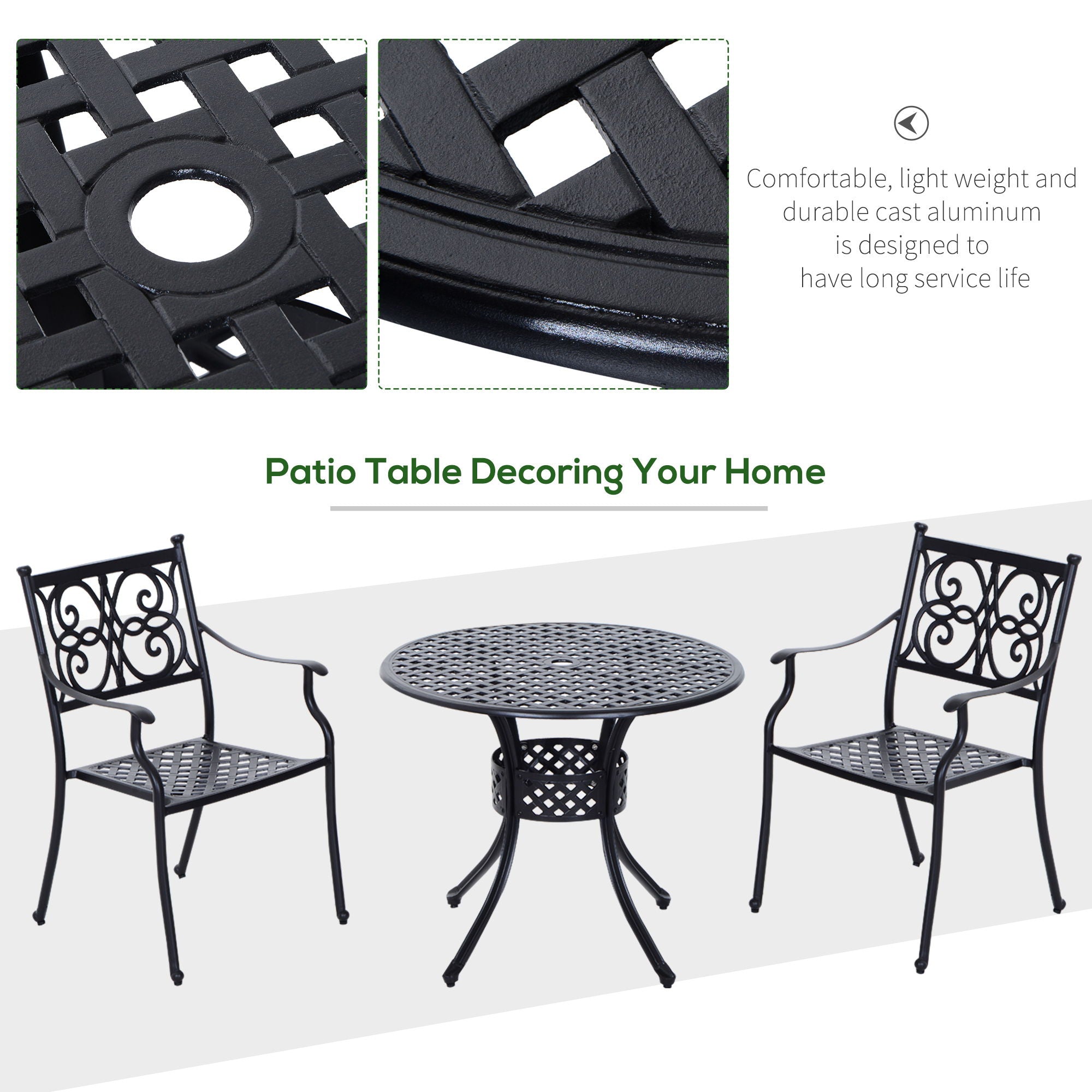 Outsunny - 33&quot; Patio Dining Table Round Cast Aluminium Outdoor Bistro Table With Umbrella Hole - Black