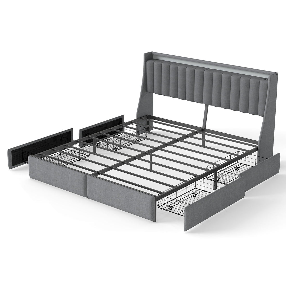 King Upholstered Bed Frame With 4 Storage Drawers, RGB LED Lights &amp; USB / Type-C Charging Station, No Box Spring Needed - Gray