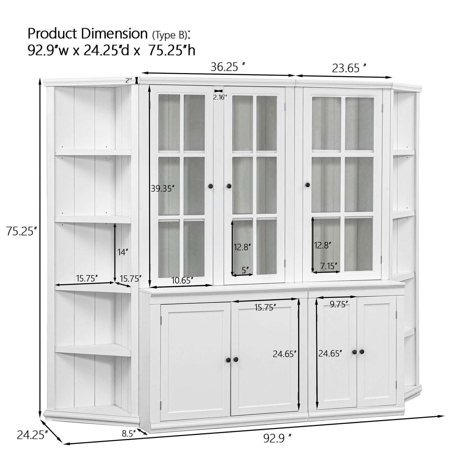 Retro Style Wall Suit With Glass Doors, 75.25&quot; Tall Display Cabinets &amp; Triangle Sided Bookshelves - White