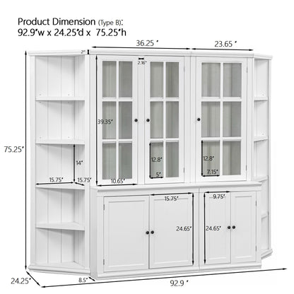 Retro Style Wall Suit With Glass Doors, 75.25&quot; Tall Display Cabinets &amp; Triangle Sided Bookshelves - White