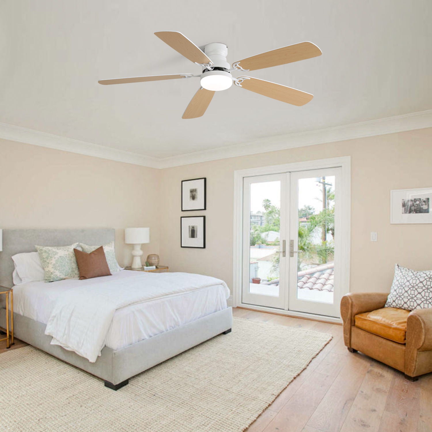 Indoor Modern 52&quot; Ceiling Fan With Dimmable 6 Speed Wind 5 Blades Remote Control Reversible Dc Motor With LED Light - White