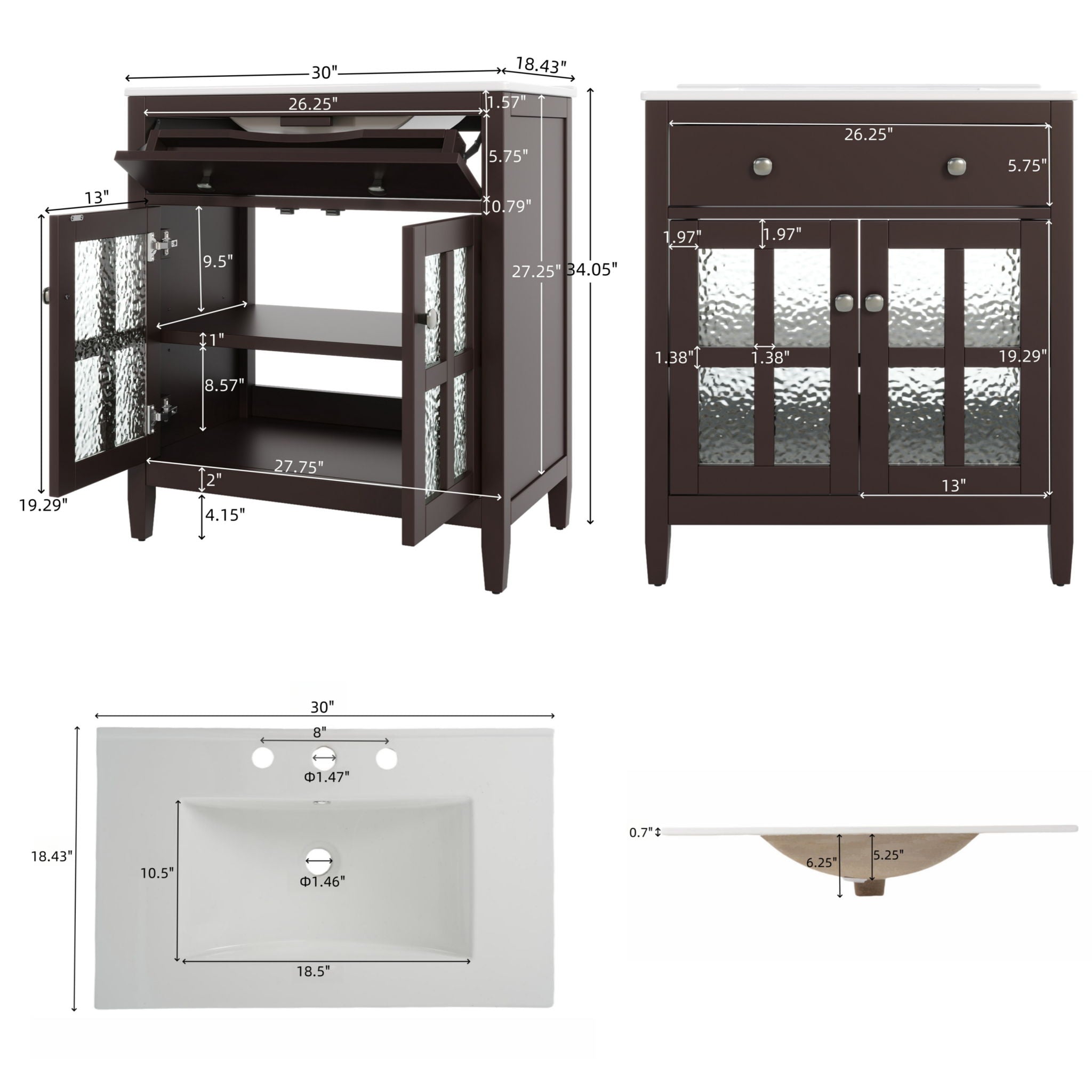 Bathroom Vanity With Ceramic Sink, Adjustable Shelf &amp; Tip Out Tray
