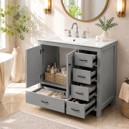 Bathroom Vanity With Sink Combo, 2 Soft Close Doors And 5 Drawers