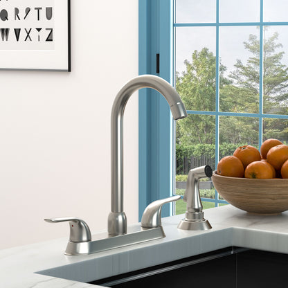 Kitchen Sink Faucet With 2 Handles And Pull Out Side Sprayer, 4 Hole Installation