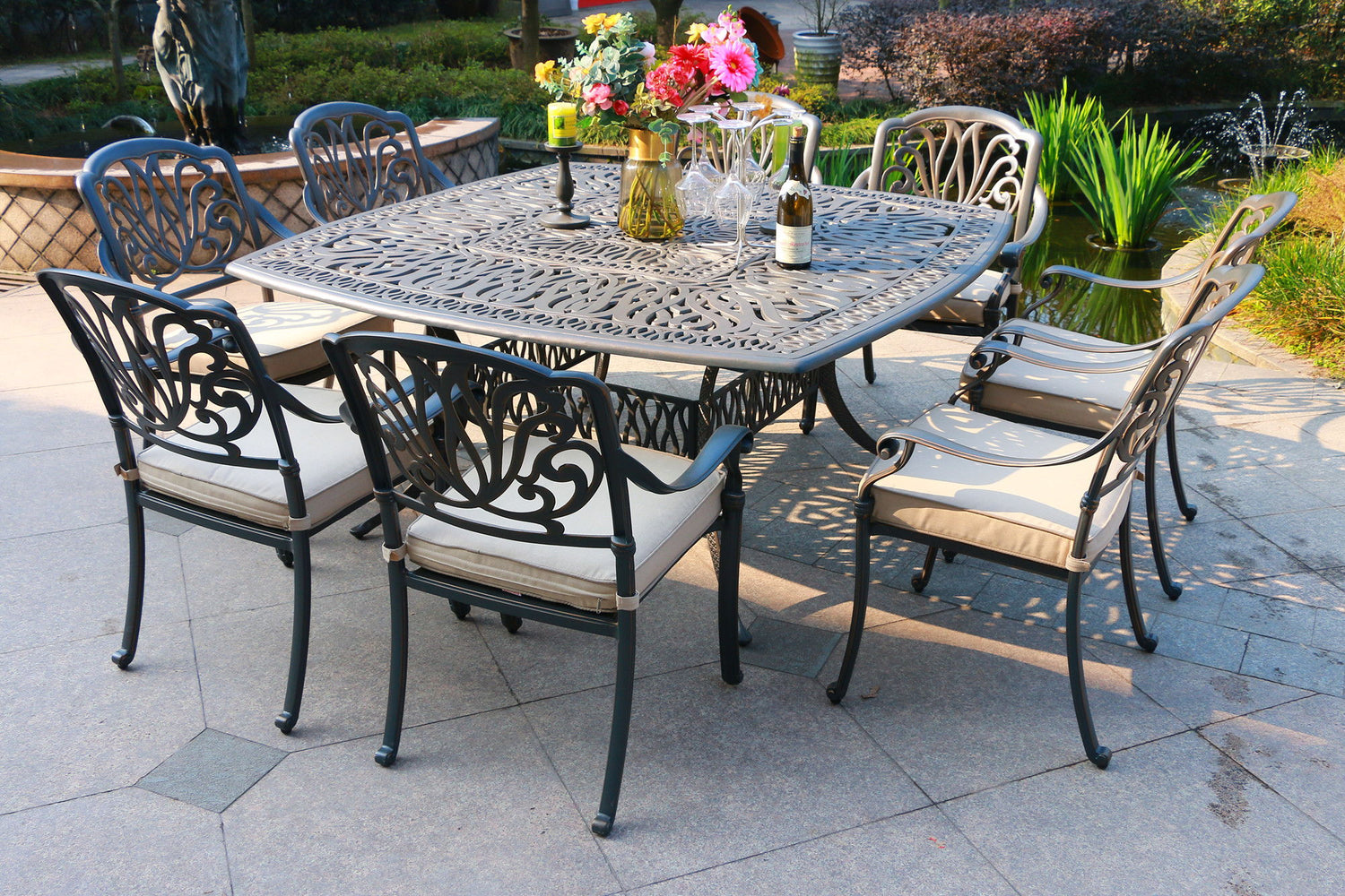 Square 8 Person 64&quot; Long Aluminum Dining Set With Cushions