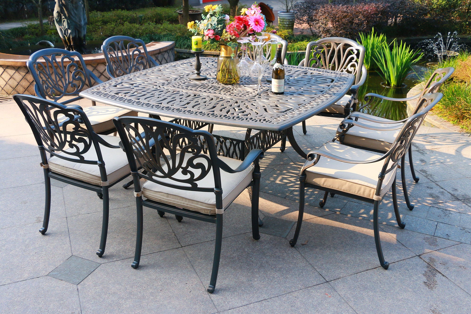 Square 8 Person 64&quot; Long Aluminum Dining Set With Cushions