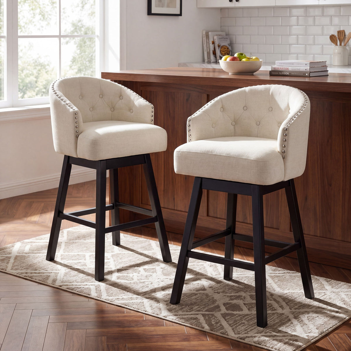 360 Degree Swivel Bar Stool &amp; Stunning Nailhead Trim (Set of 2) - Beige