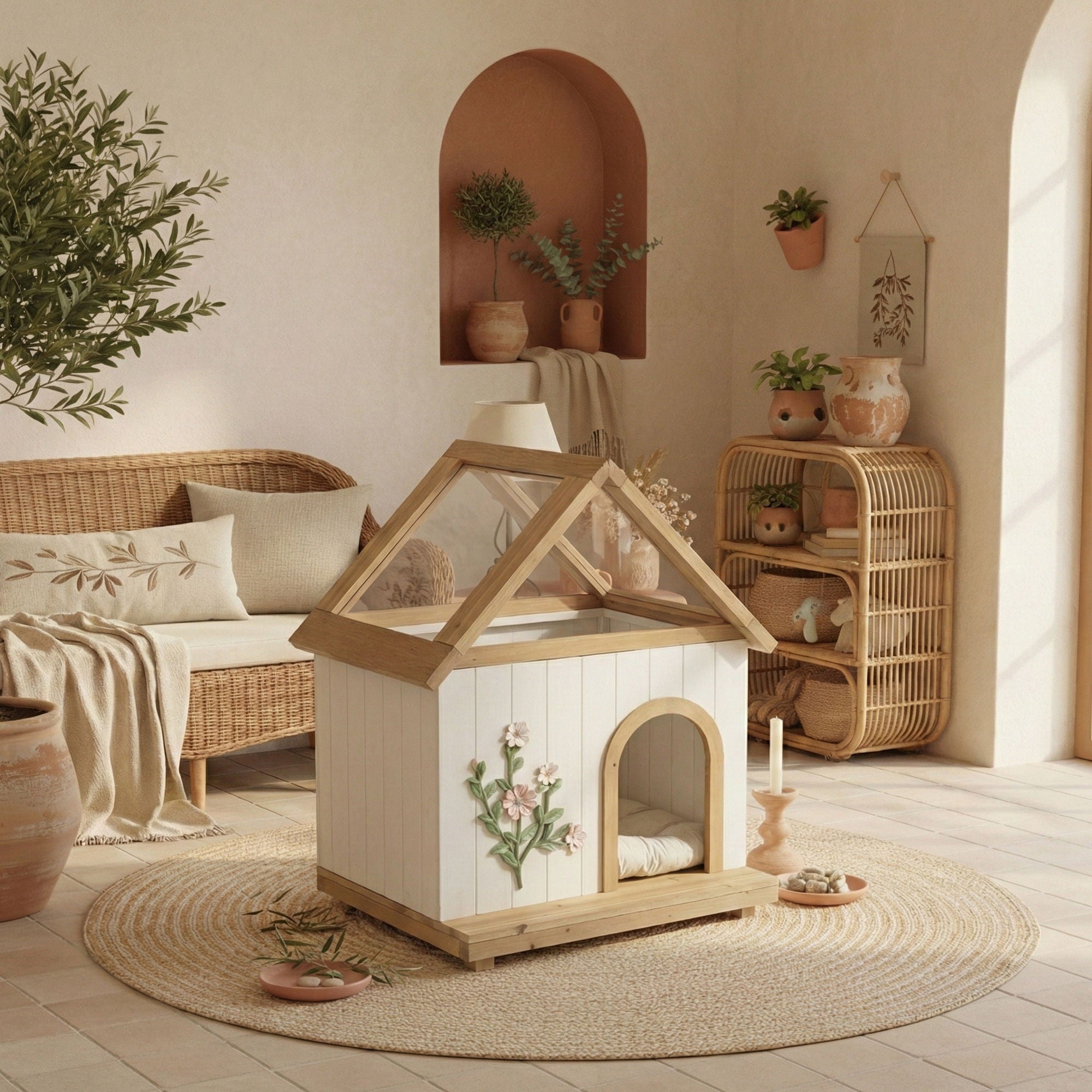 Daisy Cat House With Roof &amp; Indoor Outdoor Pet Shelter For Cats &amp; Small Dogs (11–25 Lbs) - White / Wood