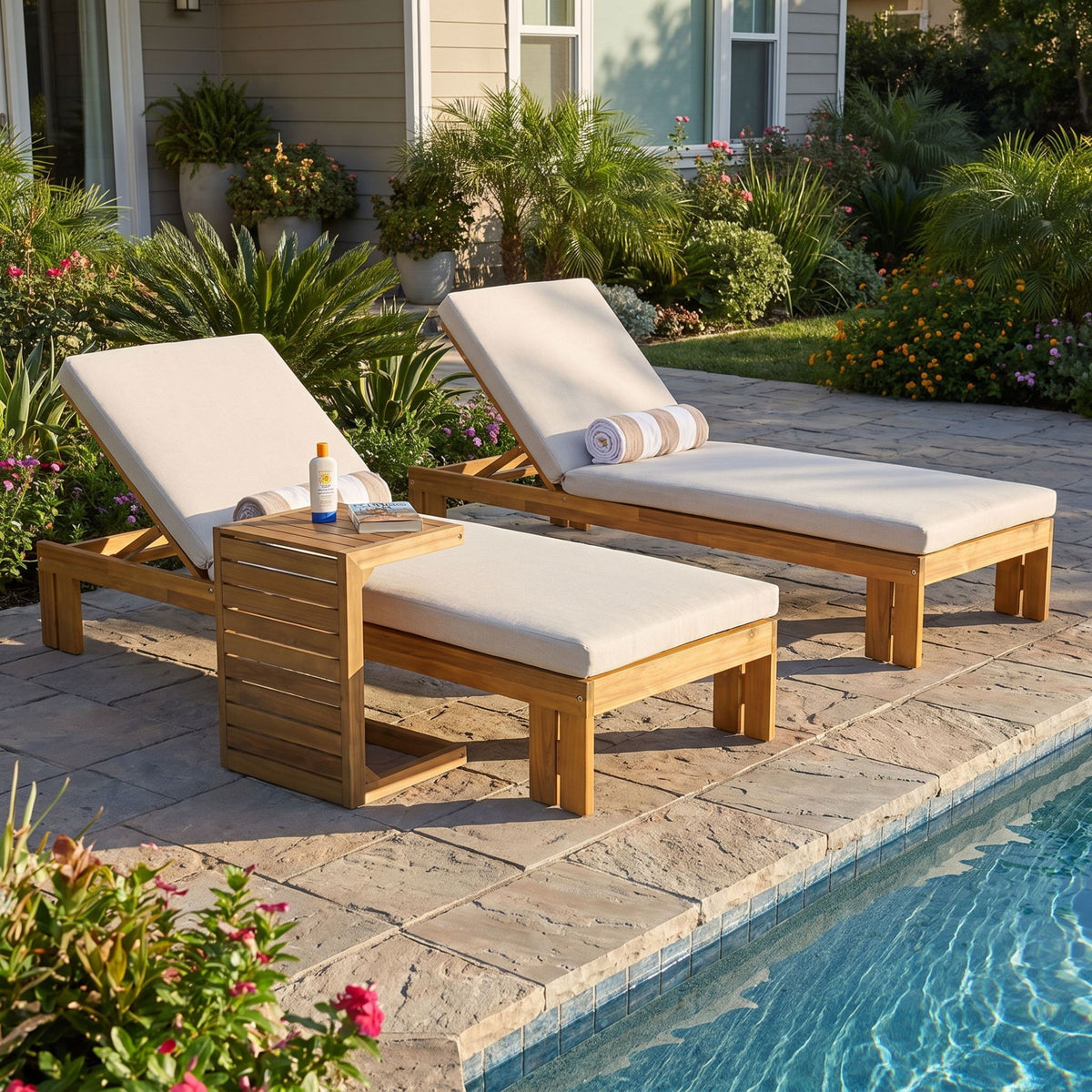 Outdoor Chaise Lounge Set &amp; Side Table, 5 Position Adjustable Patio Recliner