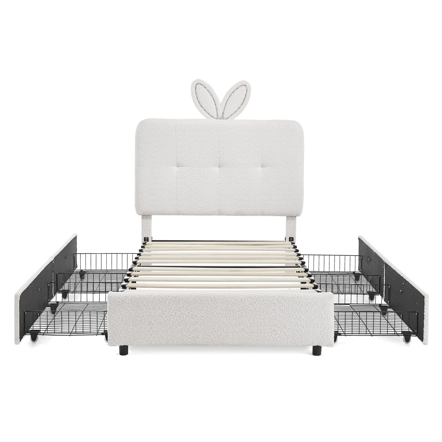 Upholstered Bed With Oversized Rabbit Ear Headboard, LED Lights &amp; 4 Storage Drawers