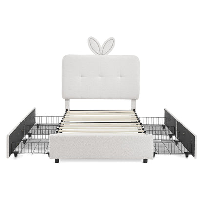Upholstered Bed With Oversized Rabbit Ear Headboard, LED Lights &amp; 4 Storage Drawers