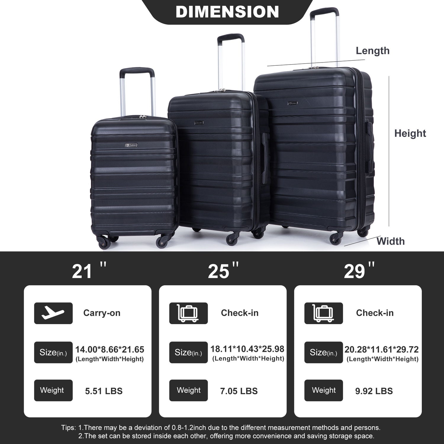 Expandable 3 Piece Luggage Sets Lightweight &amp; Durable Suitcase, Spinner Wheels, Tsa Lock