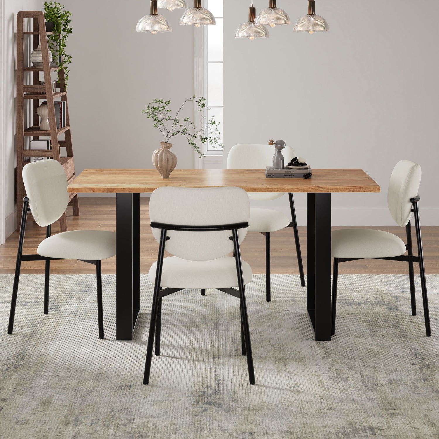 Mid Century 5 Piece Dining Set With Upholstered Dining Chairs And Metal Legs, Solid Wood Top Metal Base Dining Table - Beige / Black