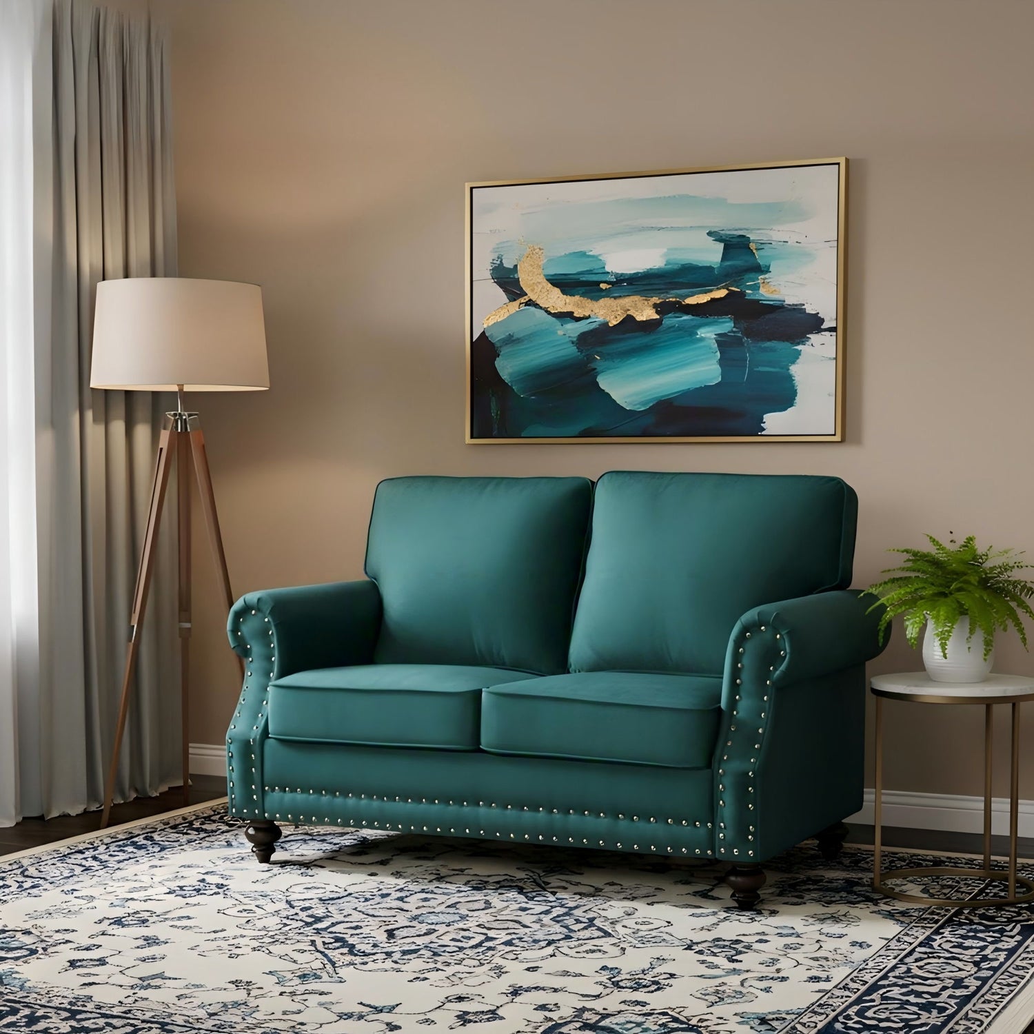 Loveseat Sofa With Nailhead Detail &amp; Turned Legs, 2 Seater Upholstered Couch