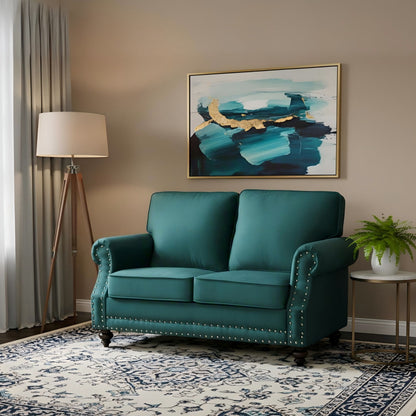 Loveseat Sofa With Nailhead Detail &amp; Turned Legs, 2 Seater Upholstered Couch