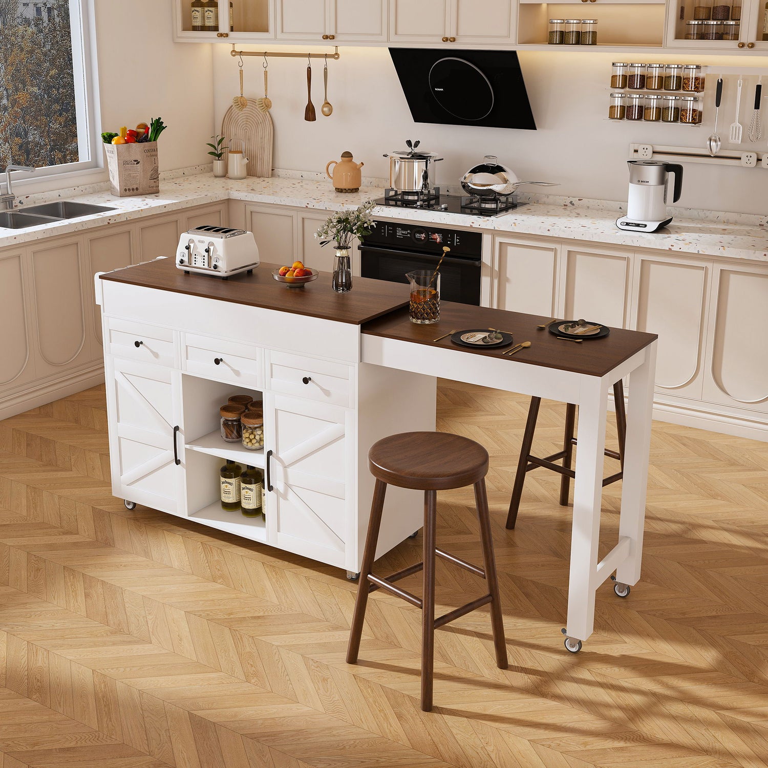 Modern Kitchen Island With Extendable Dining Table &amp; Power Outlet - White
