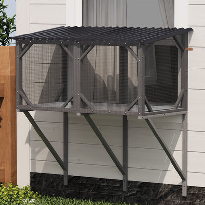 Premium Cat Window Box With Bug Proof Net For Large Indoor Cats Spruce Wood &amp; Polyester - Antique Gray
