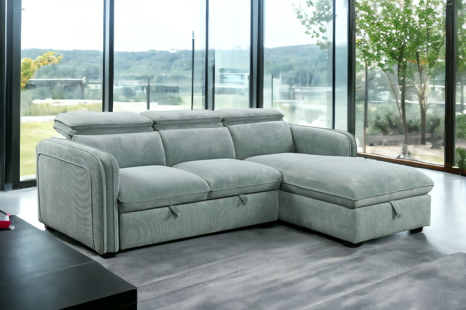 Zavala - Chenille Sectional Sofa With Sleeper &amp; Storage - Light Green