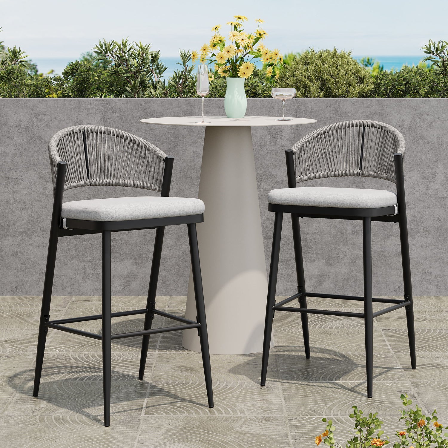 Outdoor Bar Height Metal Frame Counter Stools With Scallop Shaped Backrest &amp; Water Resistant Cushions