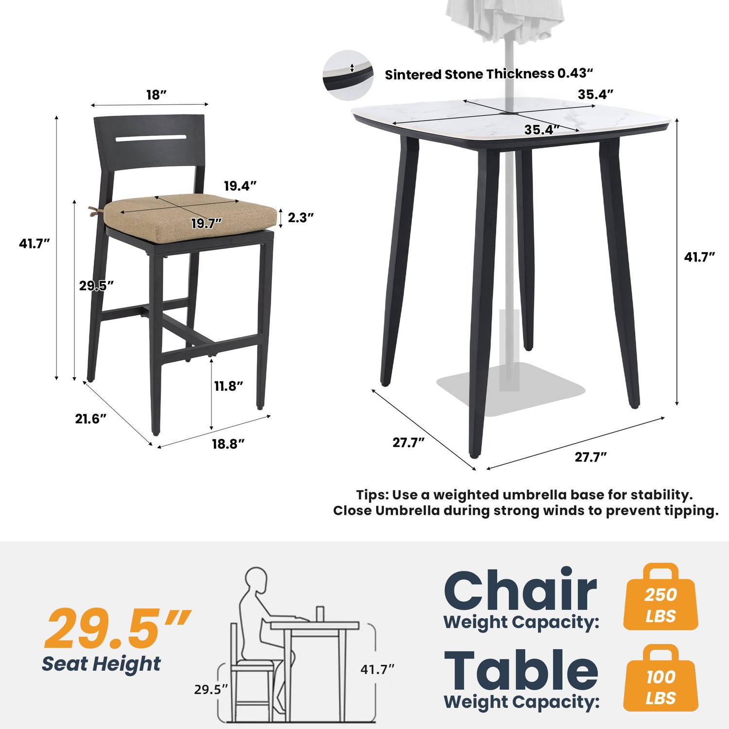 5 Pieces Outdoor Patio Bar Set, Rounded Square Table &amp; 4 Aluminum Bar Stools