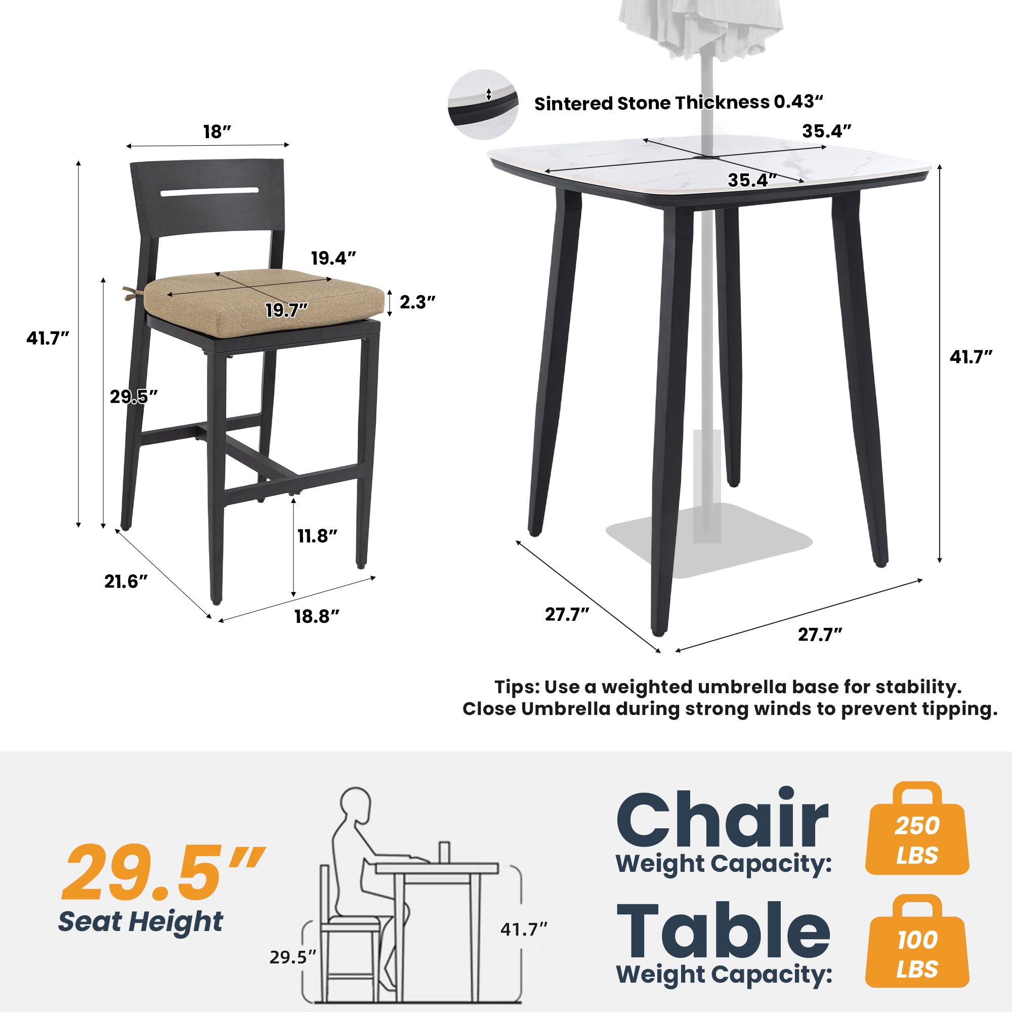 5 Pieces Outdoor Patio Bar Set, Rounded Square Table &amp; 4 Aluminum Bar Stools