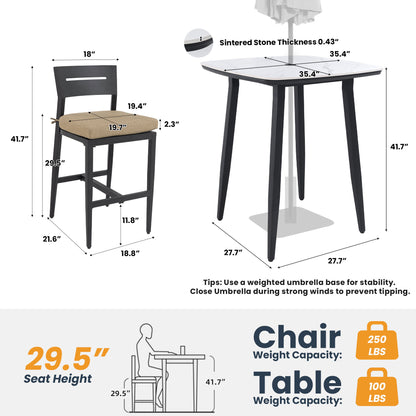 5 Pieces Outdoor Patio Bar Set, Rounded Square Table &amp; 4 Aluminum Bar Stools