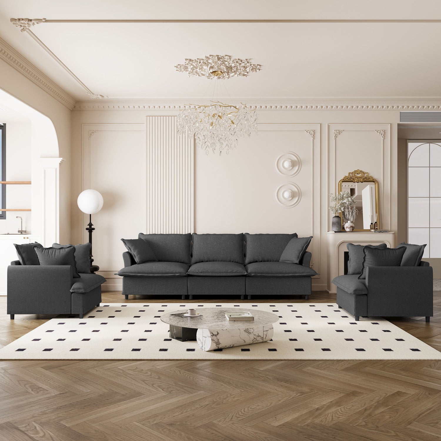Living Room Set Modular Sectional Couch, Upholstered Sofa &amp; Armchair &amp; Movable Ottoman