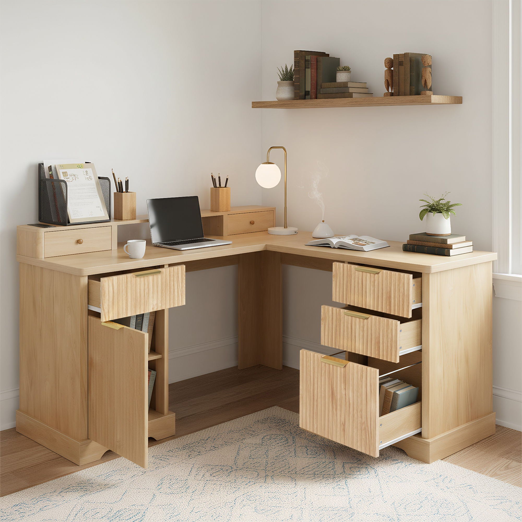 Fluted L-Shaped Desk With Charging Station &amp; Storage Cabinet