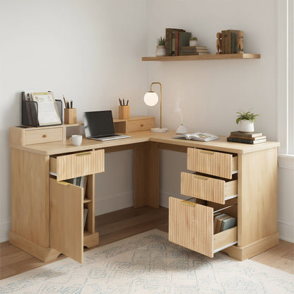 Fluted L-Shaped Desk With Charging Station &amp; Storage Cabinet