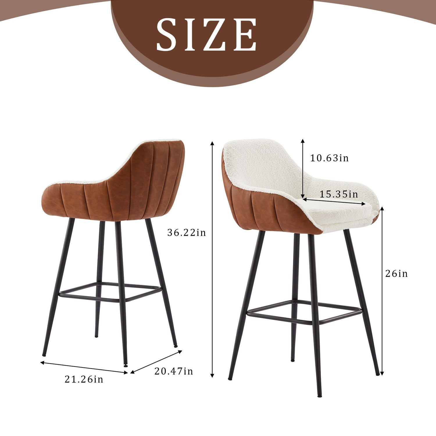 Modern Counter Height Bar Stools (Set of 2), Mid-Century Leather Upholstered Accent Arm Bar Stools, Leisure Side Chair With Metal Legs For Kitchen &amp; Dining Room - Dark Brown / White