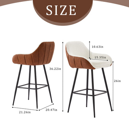 Modern Counter Height Bar Stools (Set of 2), Mid-Century Leather Upholstered Accent Arm Bar Stools, Leisure Side Chair With Metal Legs For Kitchen &amp; Dining Room - Dark Brown / White