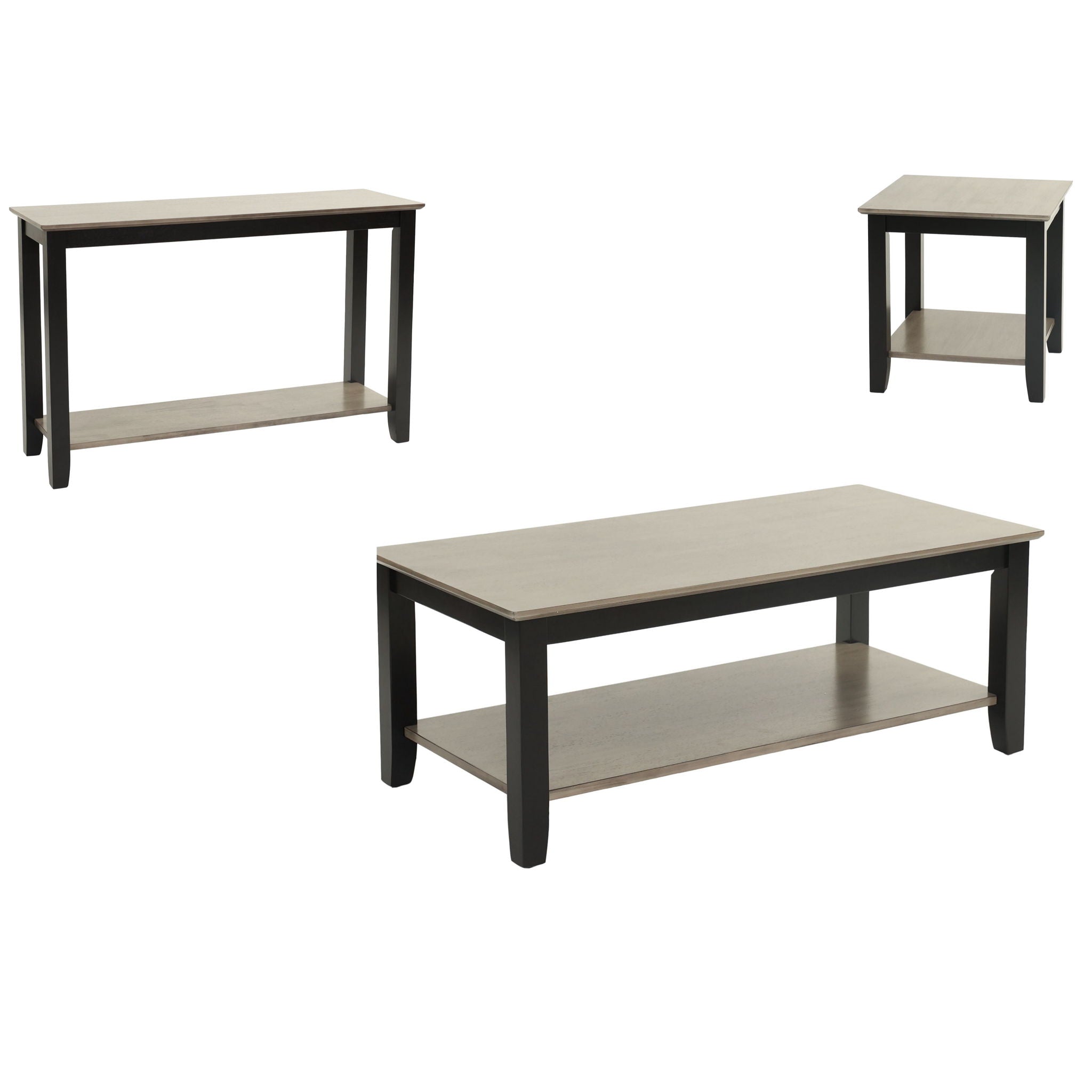 3 Piece Table Set With Open Shelf Storage, Includes Coffee, End &amp; Console Table - Black / Black / Gray / Gray
