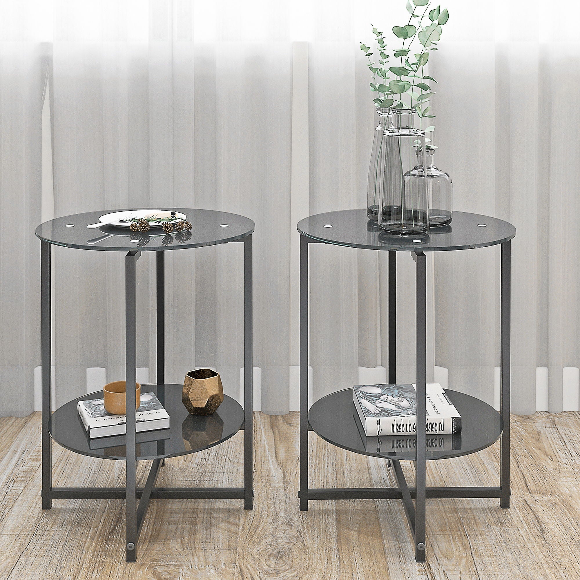 JWS Tempered Glass End Table (Set of 2), Round Coffee Table For Bedroom Living Room Office - Black