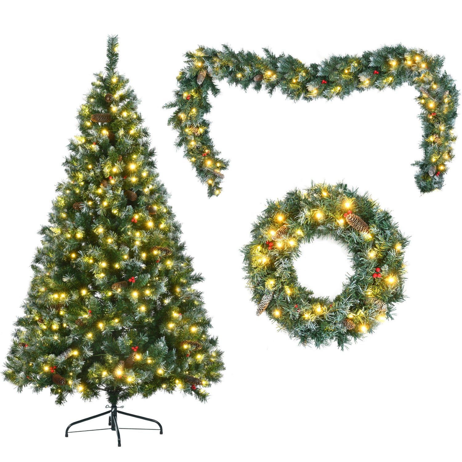 6FT Dark Green Pine Christmas Tree, Pre-Lit Set with Tree &amp; Garland &amp; Wreath, Hinged Artificial Xmas Tree with White Tips, Red Berries and Pine Cones, 11 Colorful Modes, Indoor Holiday Decoration