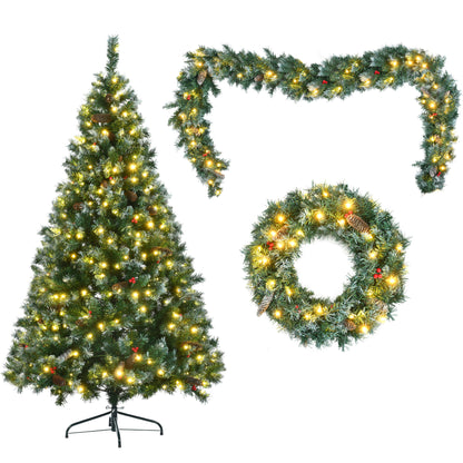 6FT Dark Green Pine Christmas Tree, Pre-Lit Set with Tree &amp; Garland &amp; Wreath, Hinged Artificial Xmas Tree with White Tips, Red Berries and Pine Cones, 11 Colorful Modes, Indoor Holiday Decoration