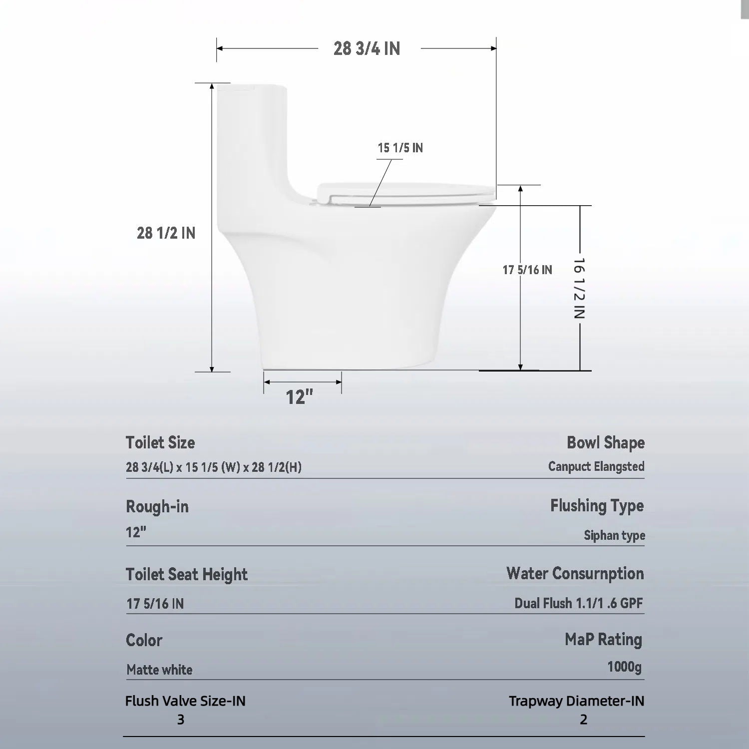 Elegant One Piece Toilet With Tornado Dual Flush, Siphonic S Trap 12&quot;, Soft Close Seat, Dual Flush, Ada Height, Glossy - Gloss White