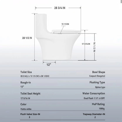 Elegant One Piece Toilet With Tornado Dual Flush, Siphonic S Trap 12&quot;, Soft Close Seat, Dual Flush, Ada Height, Glossy - Gloss White