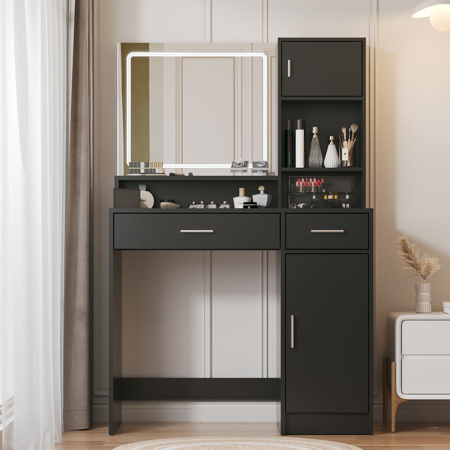 Vanity Desk With Mirror And LED Light Strip, Dressing Table With Large Drawer, 3 Level Storage Dresser &amp; 3 Lighting Modes Adjustable Brightness, Suitable For Bedroom