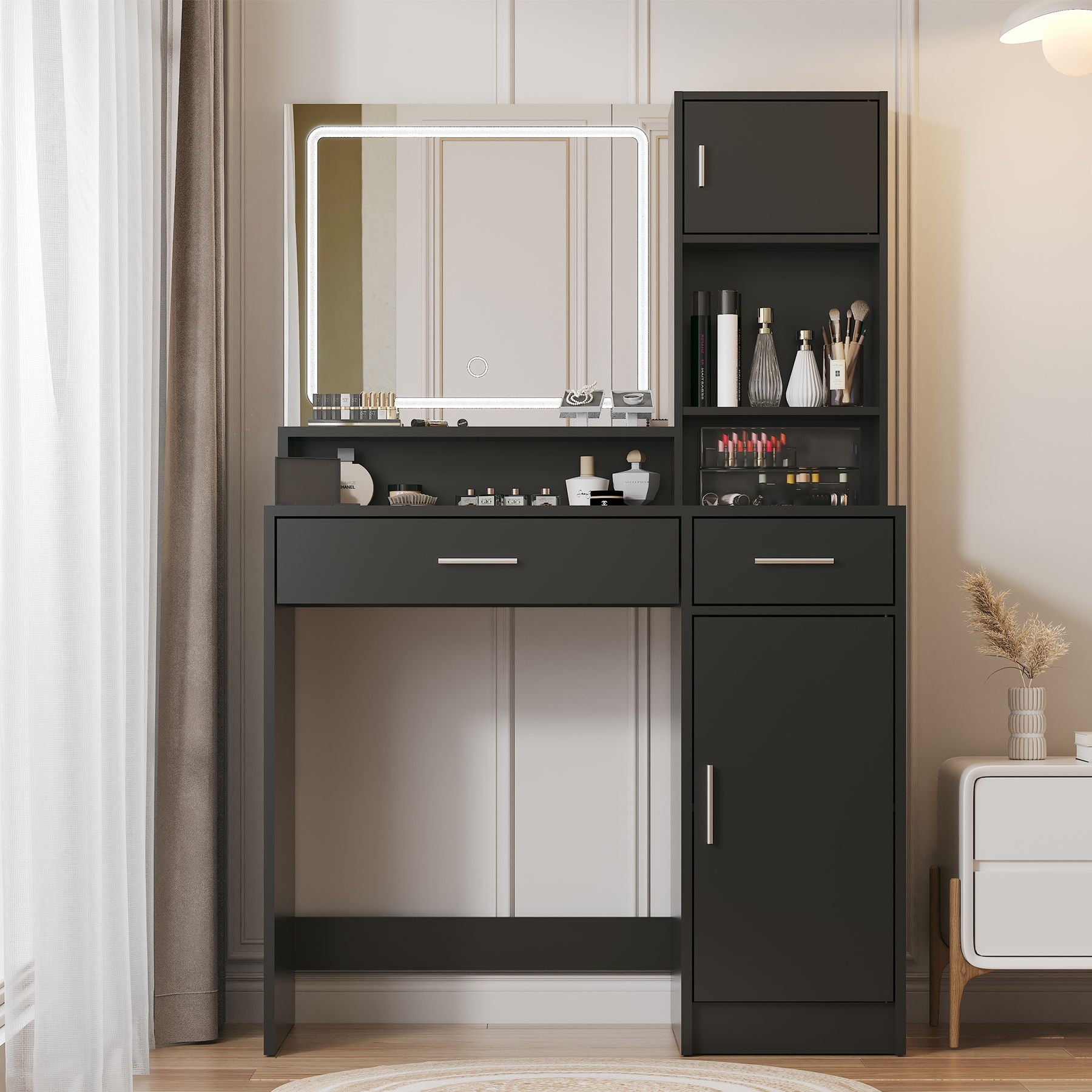 Vanity Desk With Mirror And LED Light Strip, Dressing Table With Large Drawer, 3 Level Storage Dresser &amp; 3 Lighting Modes Adjustable Brightness, Suitable For Bedroom